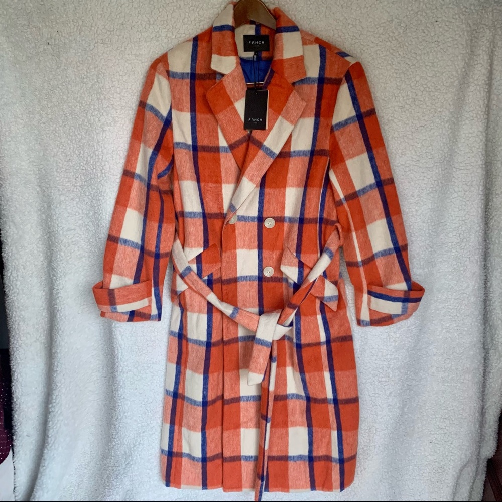 FRNCH Paris Orange and Blue Plaid Double Breasted Coat